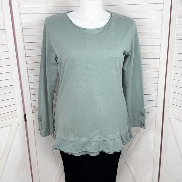 Wild Palms Ruffled Layered Hem Buttons Tunic Top Sage Green Large Cottagecore - Picture 1 of 12